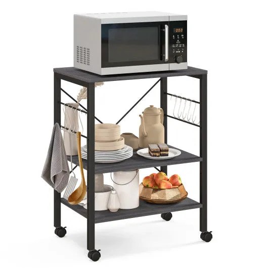 3-Tier Kitchen Baker's Rack Microwave Oven Storage Cart with Hooks-Charcoal Brown