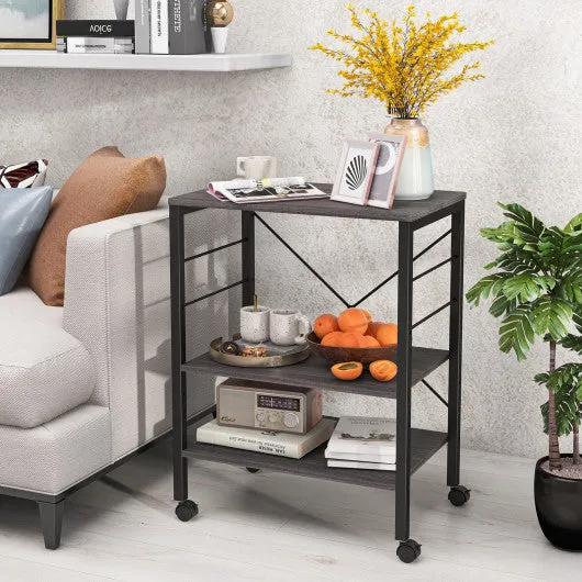 3-Tier Kitchen Baker's Rack Microwave Oven Storage Cart with Hooks-Charcoal Brown