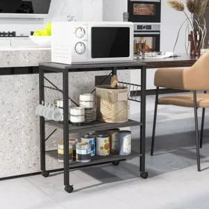 3-Tier Kitchen Baker's Rack Microwave Oven Storage Cart with Hooks-Charcoal Brown