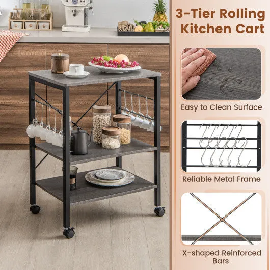 3-Tier Kitchen Baker's Rack Microwave Oven Storage Cart with Hooks-Charcoal Brown