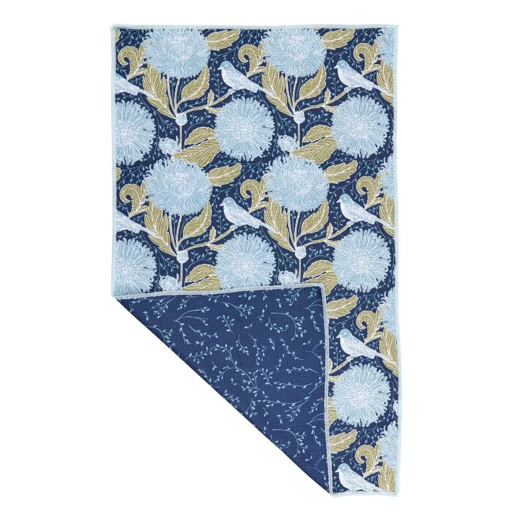Chrysanthemum Bird blu Kitchen Tea Towel- Double-Sided Print