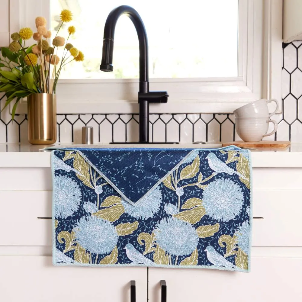 Chrysanthemum Bird blu Kitchen Tea Towel- Double-Sided Print