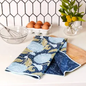 Chrysanthemum Bird blu Kitchen Tea Towel- Double-Sided Print