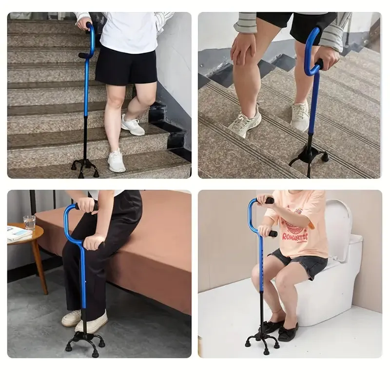 Disability Aids Blue Quadripod Crutches for Elderly Non-Slip Adjustable Stable Support