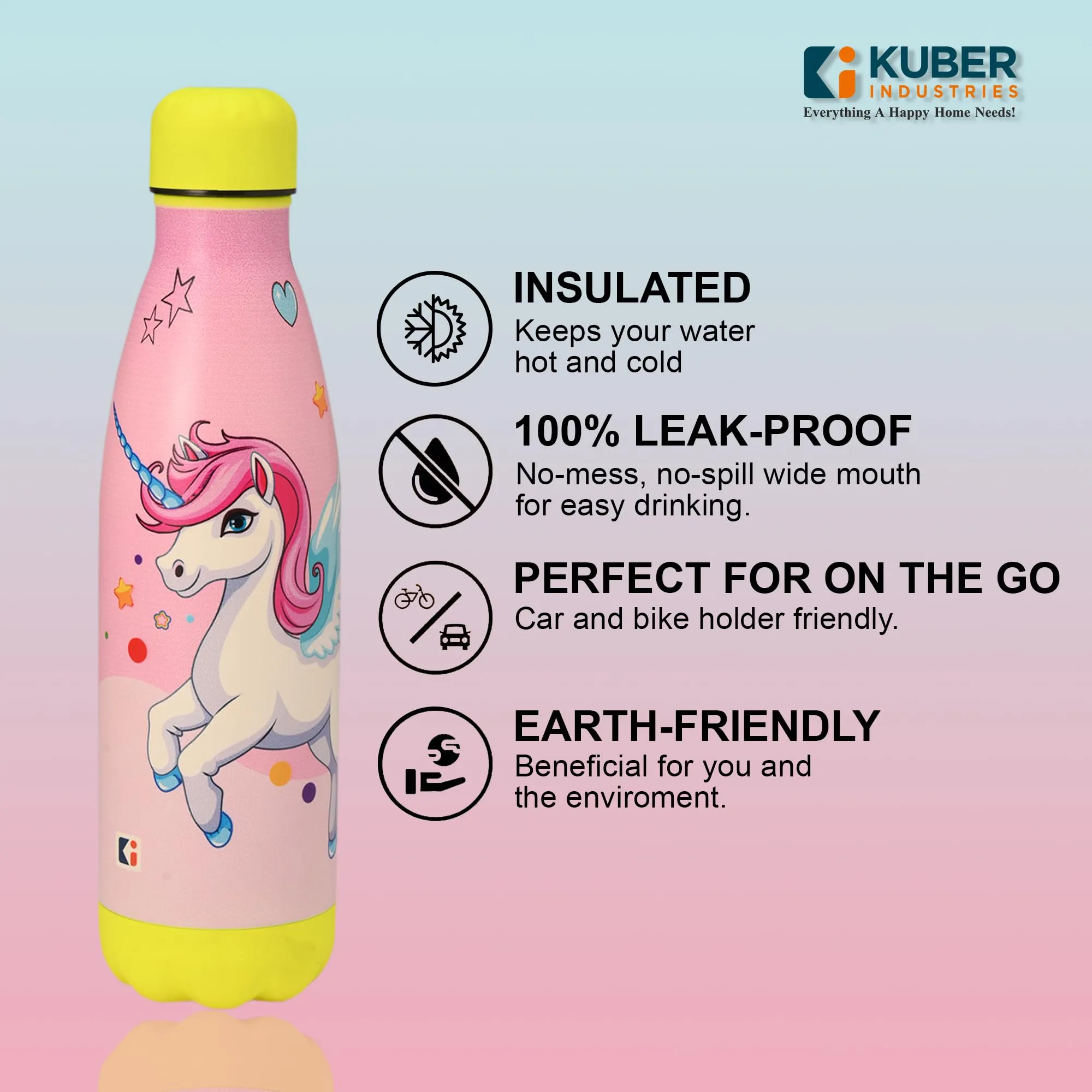 Kuber Industries 500 ml Water Bottle with 2 Lids | Unicorn Rainbow | Stainless Steel Bottle for Travel-Gym & Sports | BPA-Free Insulated Sipper Bottle for Adults & Kids with Straw | Pink | Pack of 4