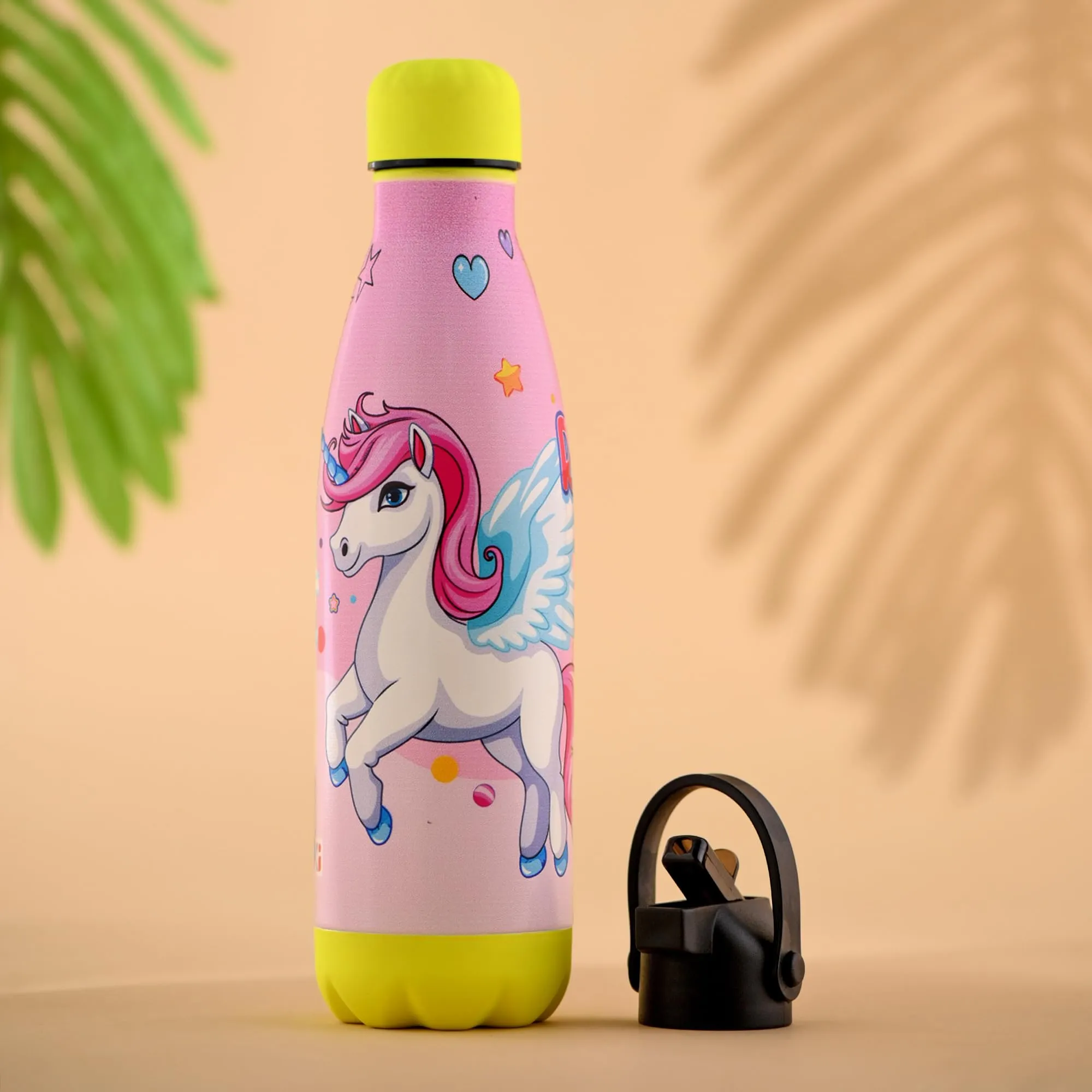 Kuber Industries 500 ml Water Bottle with 2 Lids | Unicorn Rainbow | Stainless Steel Bottle for Travel-Gym & Sports | BPA-Free Insulated Sipper Bottle for Adults & Kids with Straw | Pink | Pack of 4