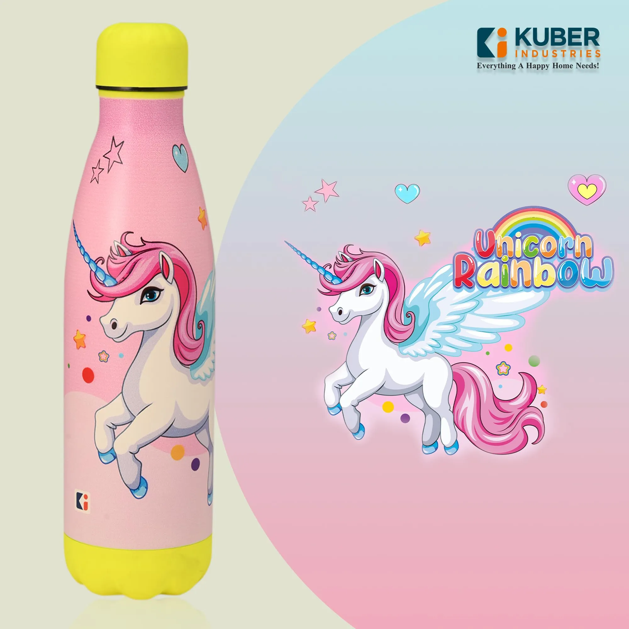 Kuber Industries 500 ml Water Bottle with 2 Lids | Unicorn Rainbow | Stainless Steel Bottle for Travel-Gym & Sports | BPA-Free Insulated Sipper Bottle for Adults & Kids with Straw | Pink | Pack of 4