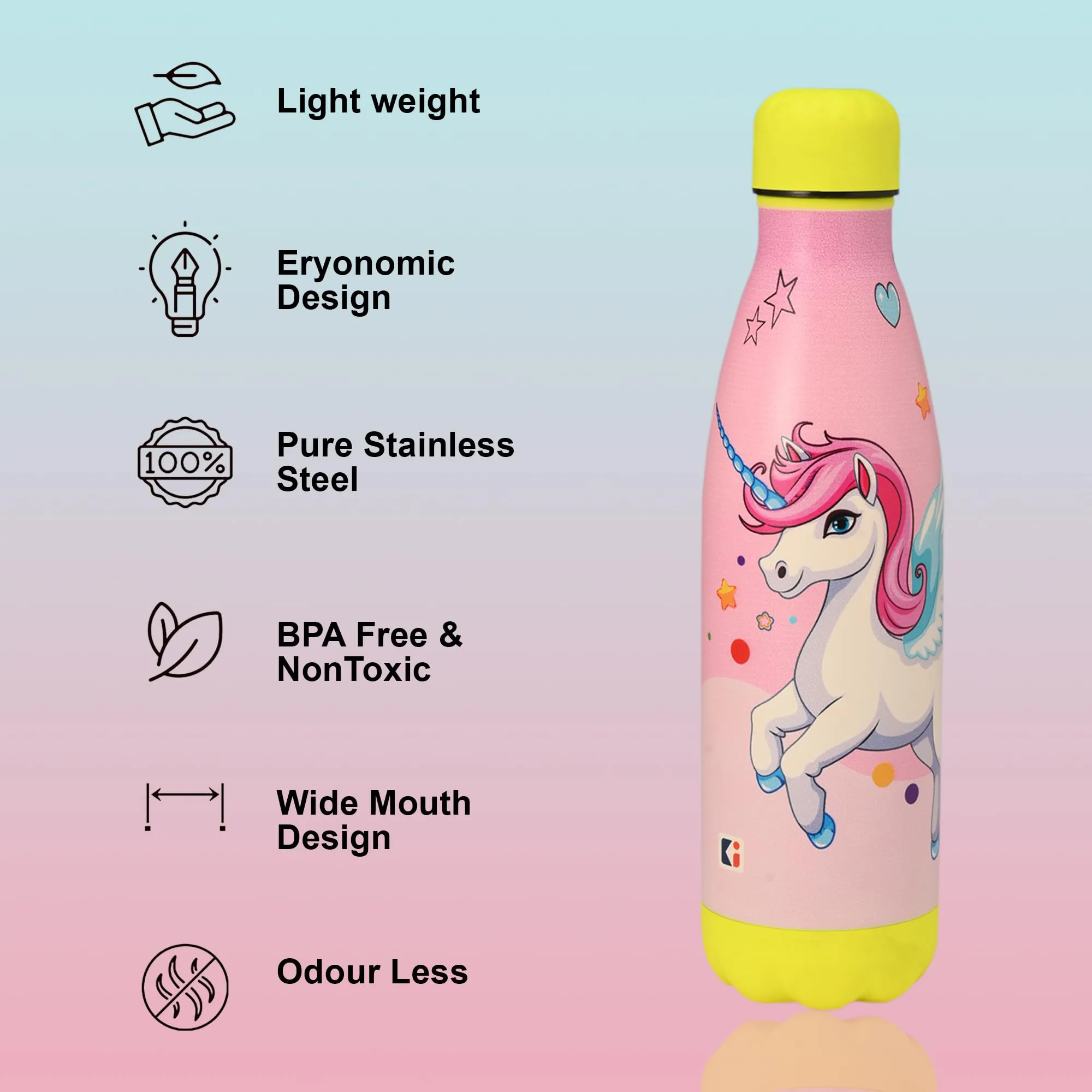 Kuber Industries 500 ml Water Bottle with 2 Lids | Unicorn Rainbow | Stainless Steel Bottle for Travel-Gym & Sports | BPA-Free Insulated Sipper Bottle for Adults & Kids with Straw | Pink | Pack of 4