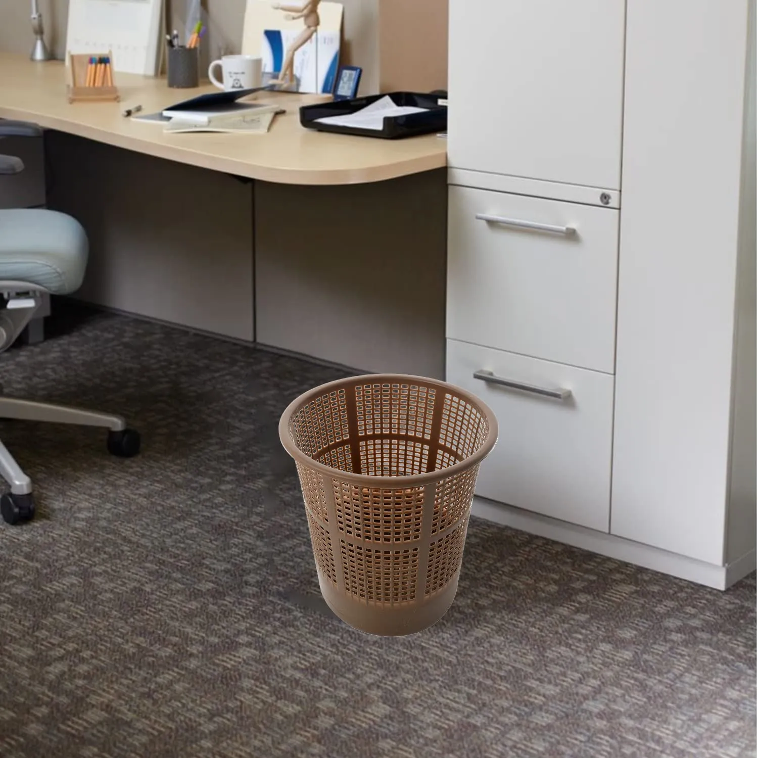 Kuber Industries Mesh Dustbin|Plastic Open Garbage Basket|Portable Round Trash Can for Kitchen|Office|College|5 Liter (Brown)