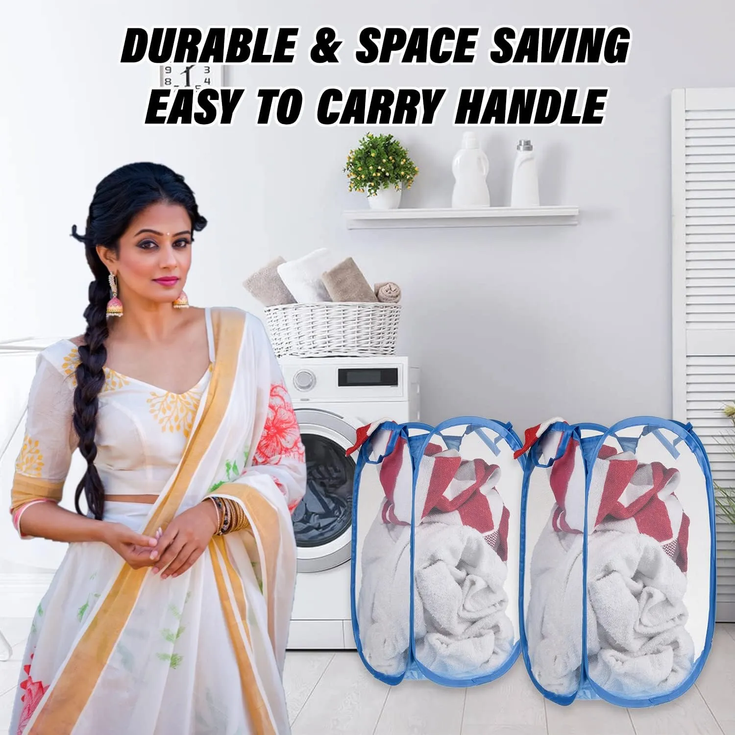 Kuber Industries Nylon Mesh Laundry Basket|Sturdy Material & Durable Handles|Netted Lightweight Laundry Bag (Assorted)