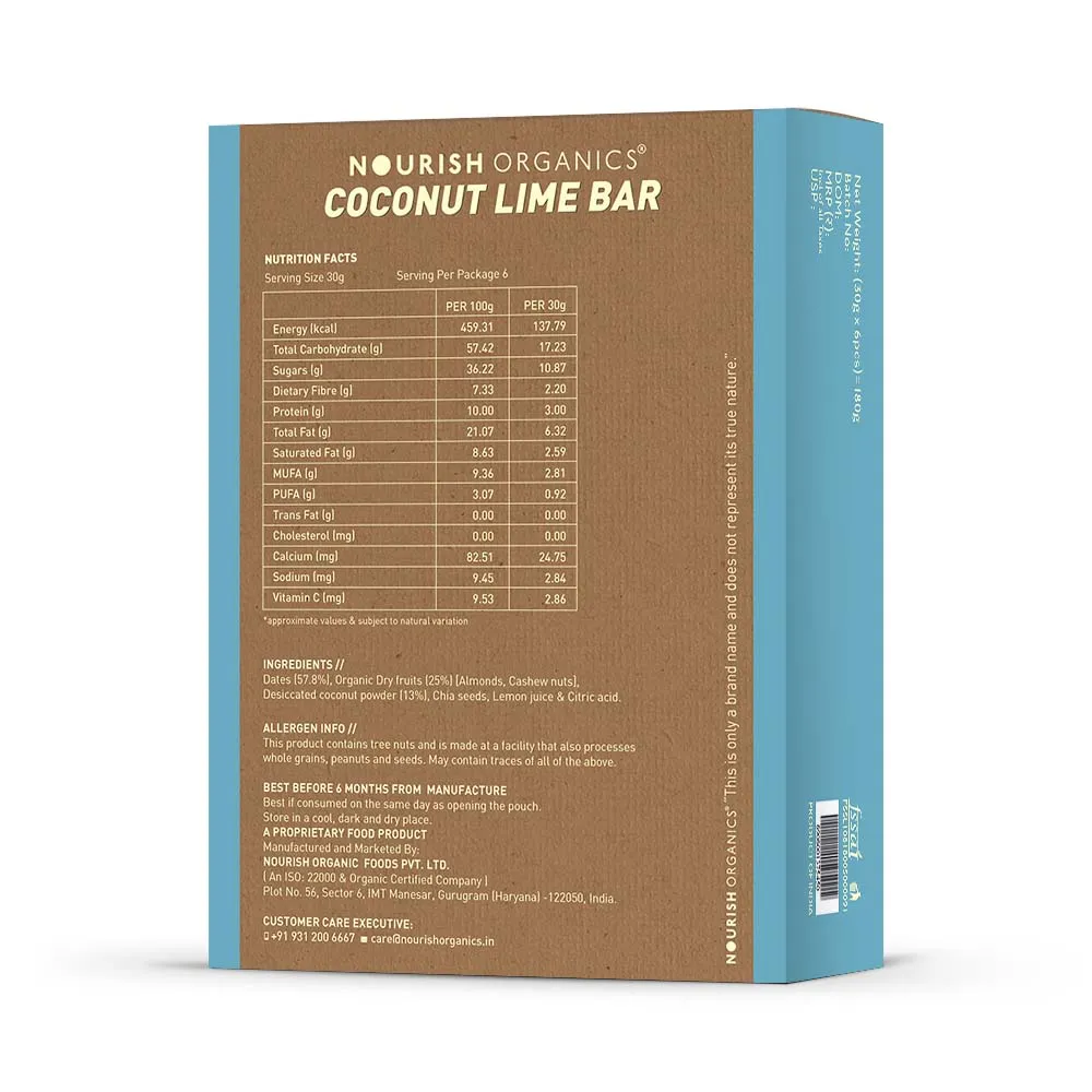 Nourish Organics Coconut Lime Bar, 30g (Pack of 6)