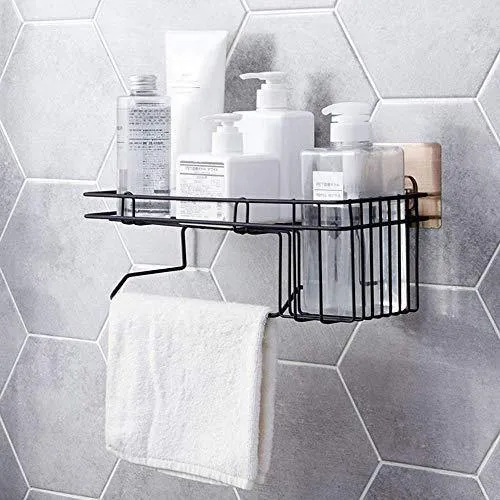 ORPIO (LABEL) Rustproof Metal Shower Caddy No Drilling Storage Organiser Self Adhesive Basket for Bathroom/Kitchen Shelf , 32.9 x 13.3 x 13.2 cm, Black