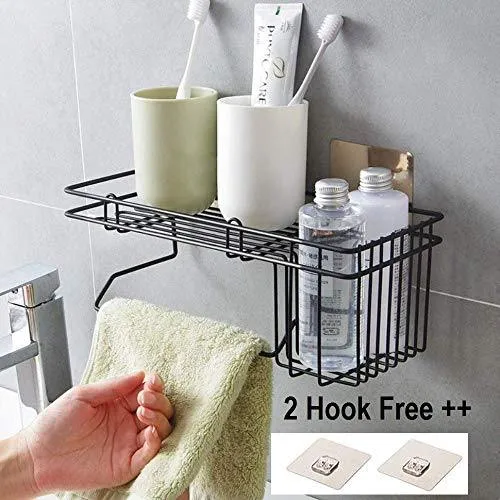 ORPIO (LABEL) Rustproof Metal Shower Caddy No Drilling Storage Organiser Self Adhesive Basket for Bathroom/Kitchen Shelf , 32.9 x 13.3 x 13.2 cm, Black