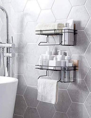 ORPIO (LABEL) Rustproof Metal Shower Caddy No Drilling Storage Organiser Self Adhesive Basket for Bathroom/Kitchen Shelf , 32.9 x 13.3 x 13.2 cm, Black