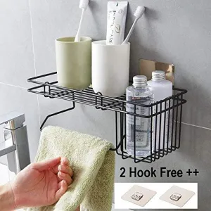 ORPIO (LABEL) Rustproof Metal Shower Caddy No Drilling Storage Organiser Self Adhesive Basket for Bathroom/Kitchen Shelf , 32.9 x 13.3 x 13.2 cm, Black